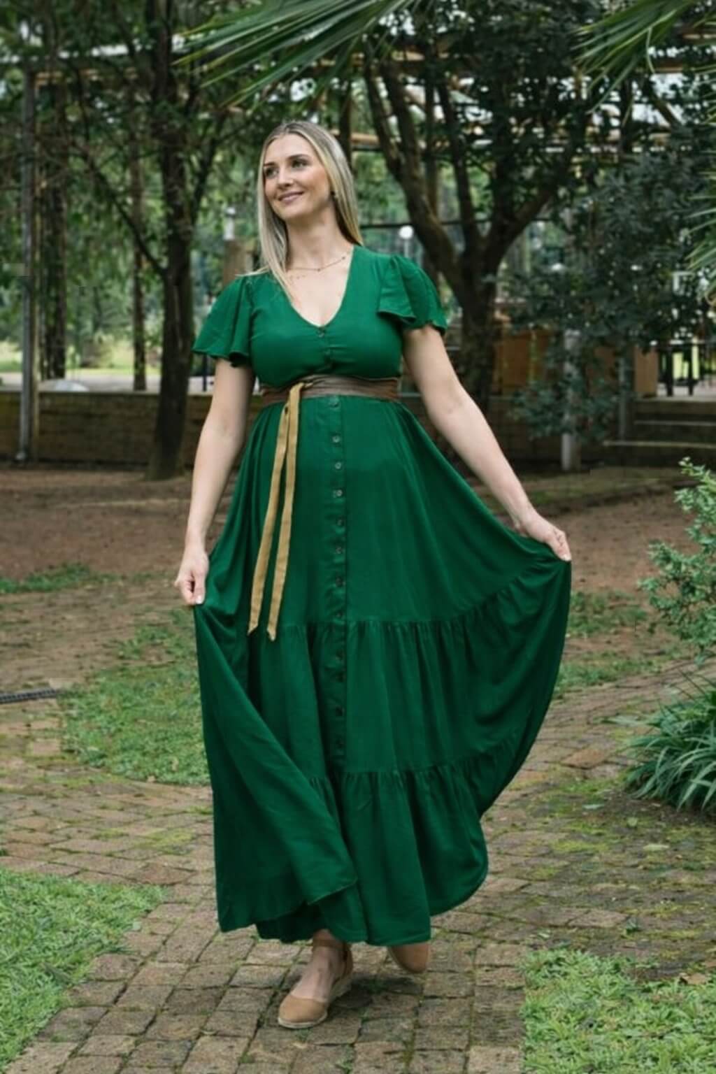 Forest green button-up maternity and nursing dress with layered ruffle skirt and frilly sleeves