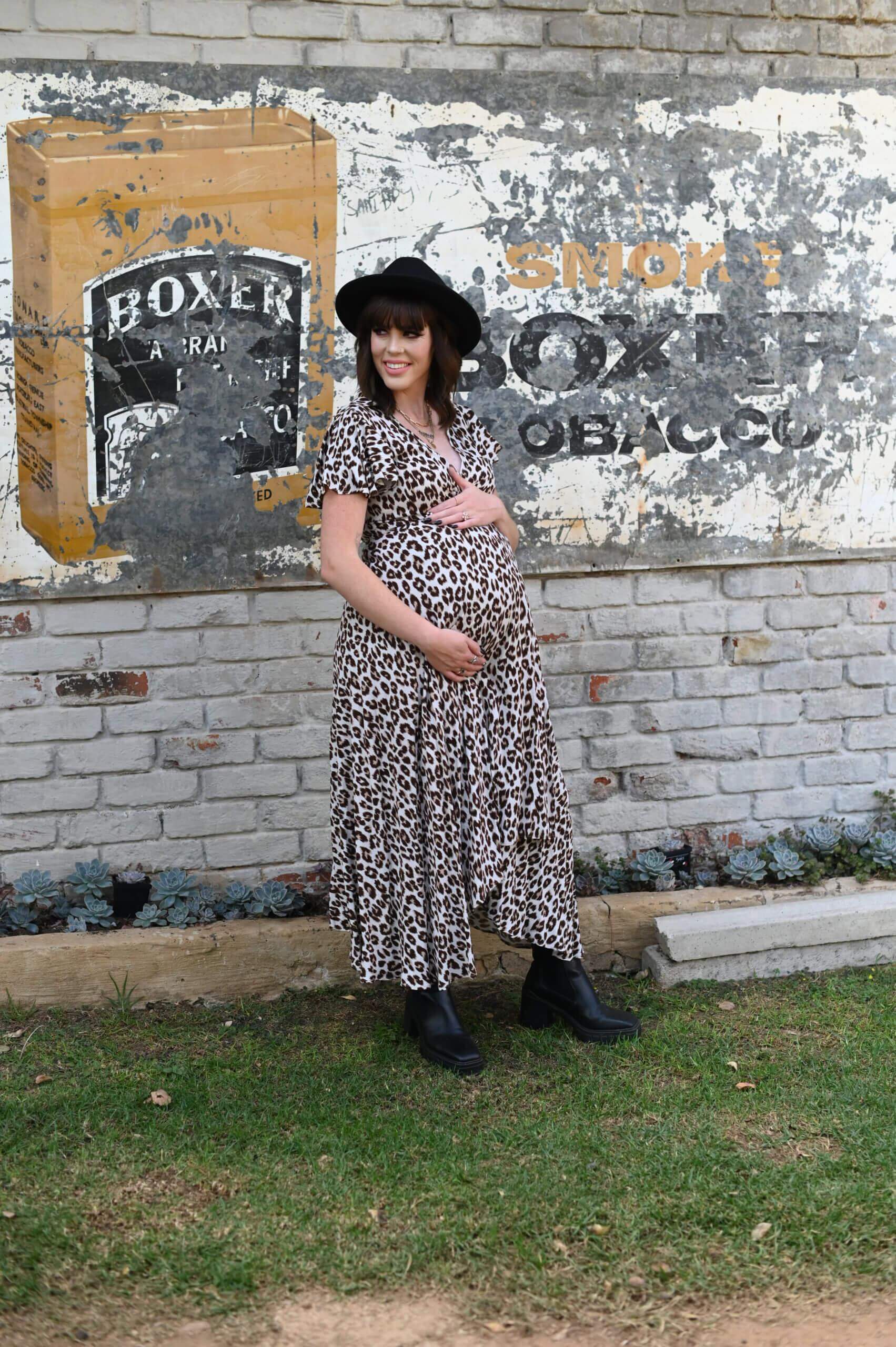 Leopard hi-low maternity wrap dress with frilly sleeves