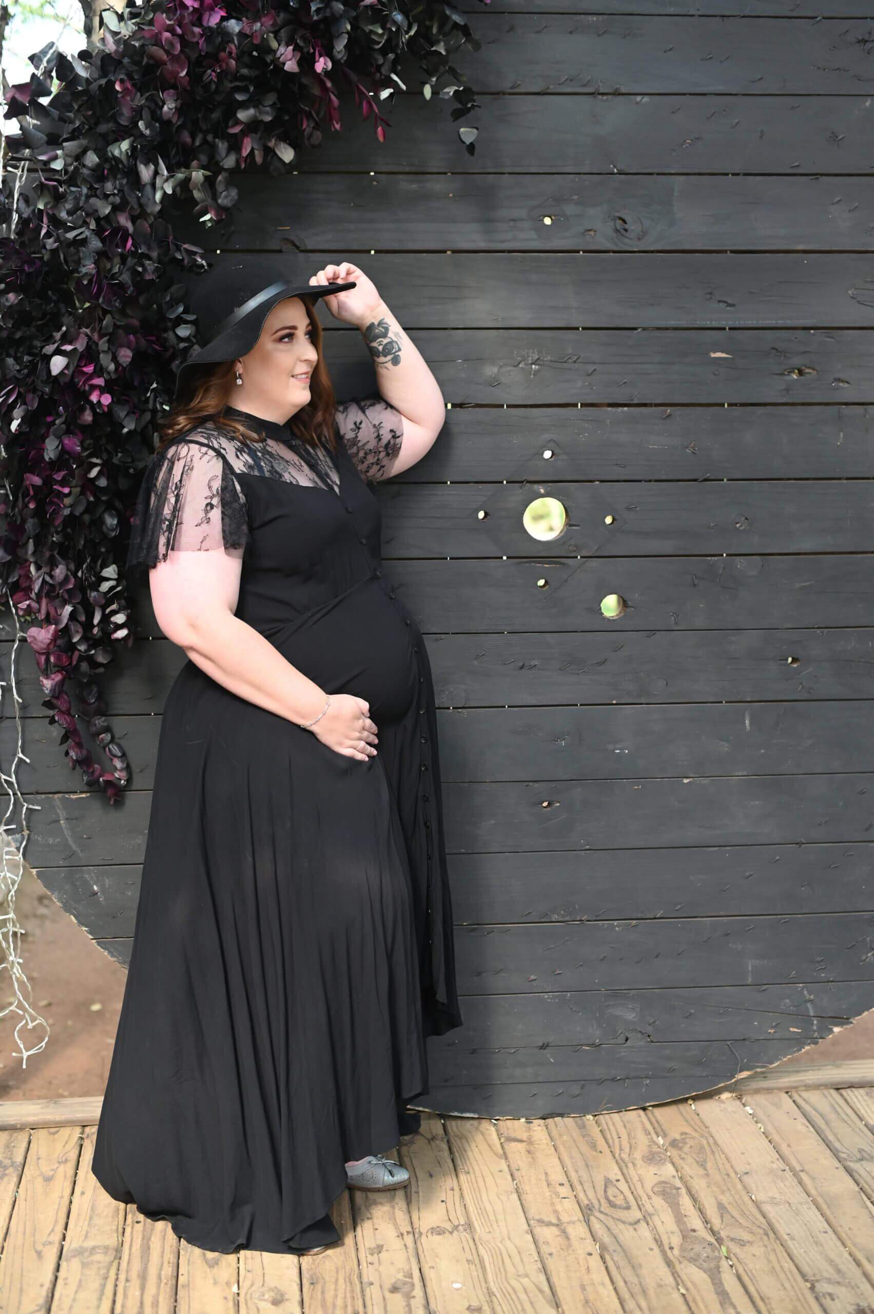 Black viscose maternity dress with chantilly lace yoke and frilly sleeves