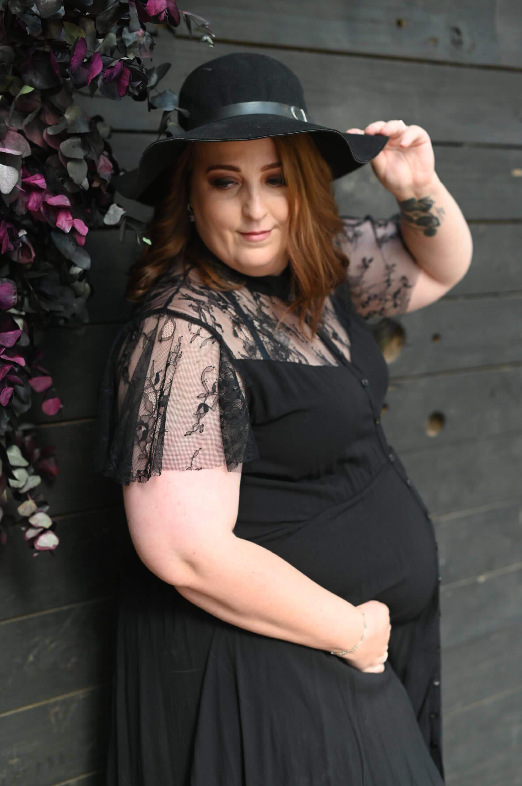 Black viscose maternity dress with chantilly lace yoke and frilly sleeves