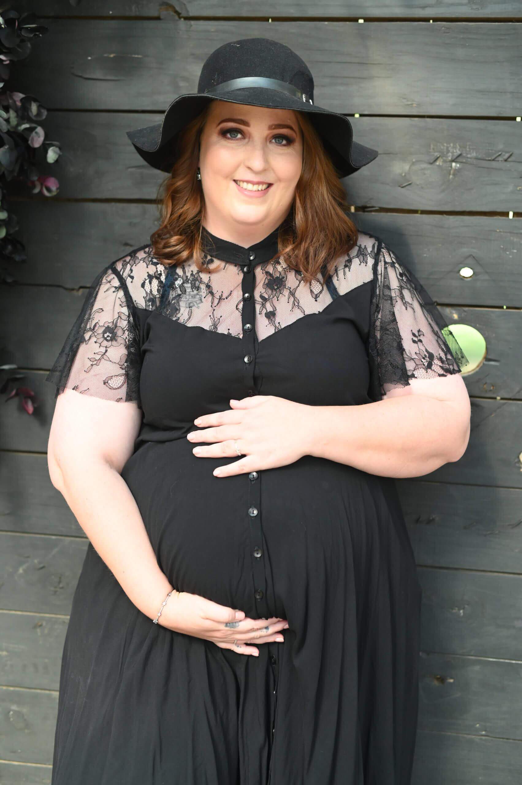 Black viscose maternity dress with chantilly lace yoke and frilly sleeves