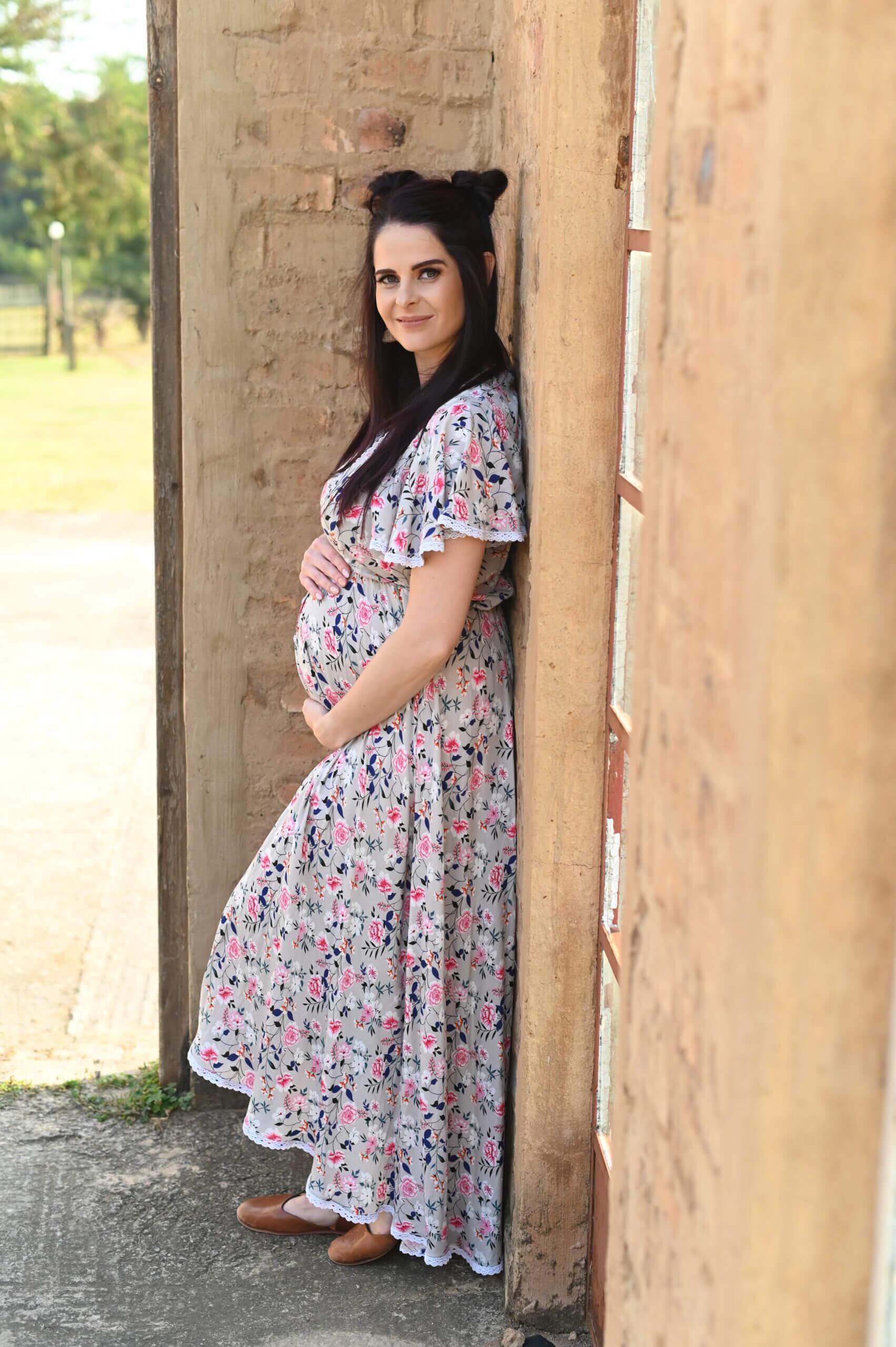 Grey and pink floral hi-low maternity dress with lace trim