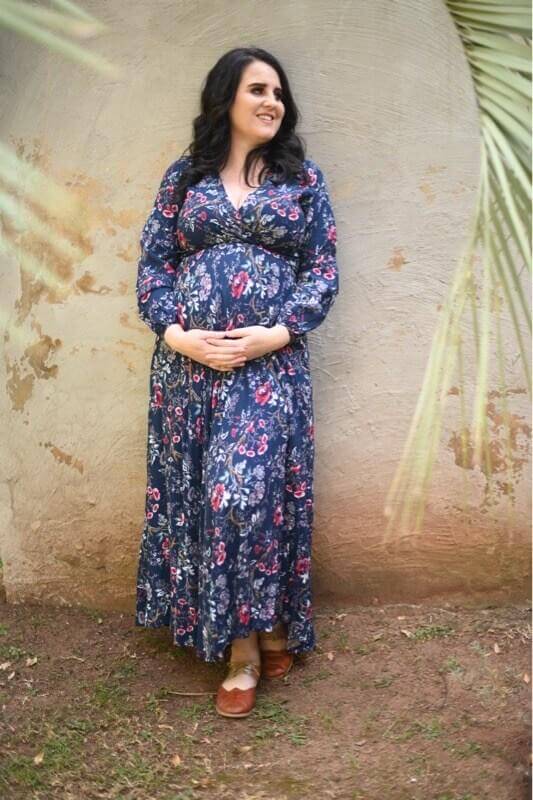 Navy floral long sleeve fold over maternity dress