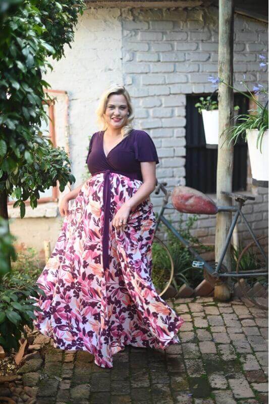 Purple floral long maternity dress with frilly sleeves