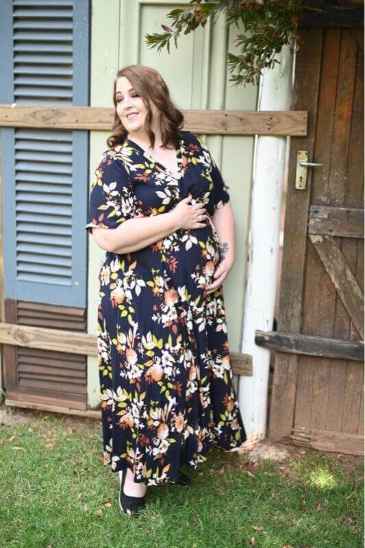 Navy floral viscose maternity and nursing dress with short sleeves