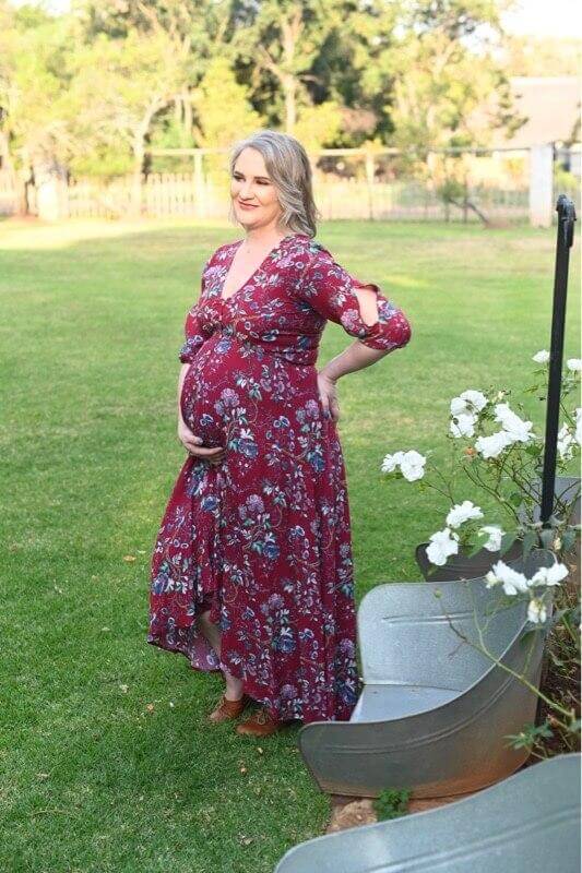 Maroon floral hi-low maternity dress with slit sleeves