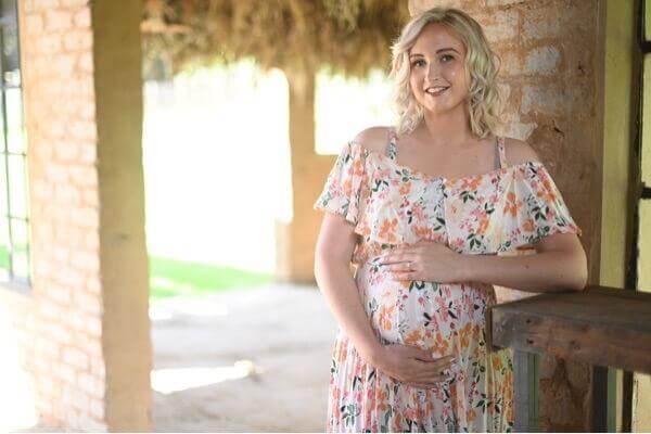 White floral hi-low off shoulder maternity dress for photoshoot and baby shower