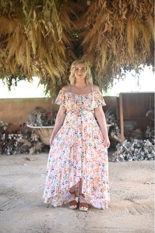 White floral hi-low off shoulder maternity dress for photoshoot and baby shower