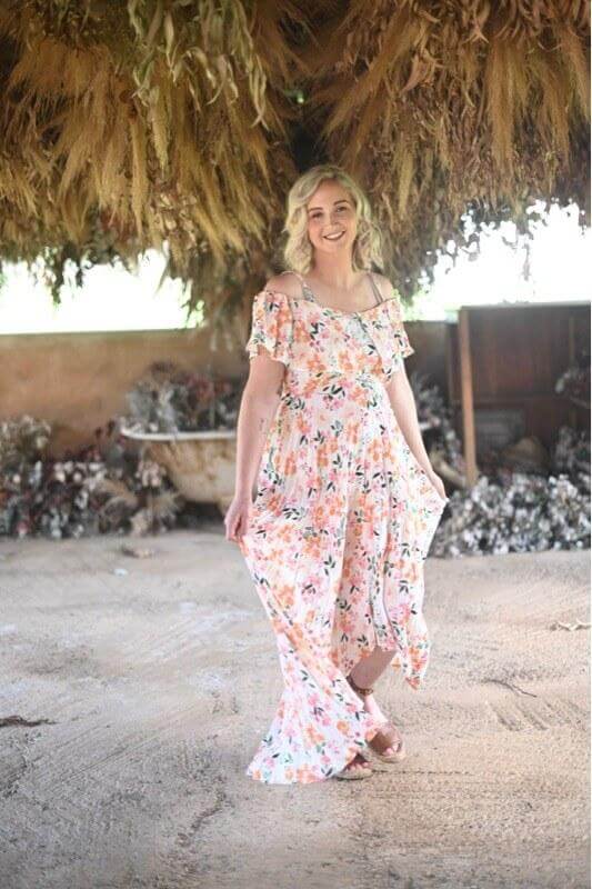 White floral hi-low off shoulder maternity dress for photoshoot and baby shower