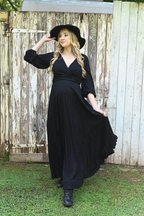 Black infinity maternity and nursing dress with three-quarter sleeves, styled in multiple ways