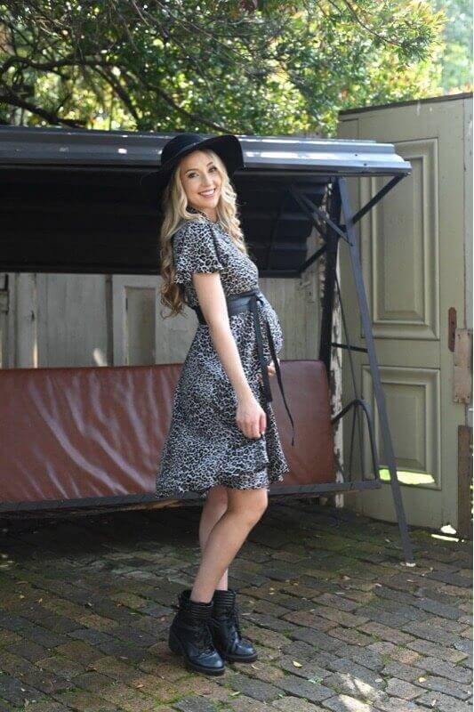 Black and grey leopard print maternity and nursing dress with mandarin collar and frilly sleeves
