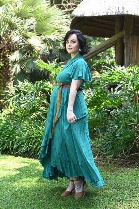 Turquoise wrap maternity and nursing dress with collar, frilly sleeves and ruffled skirt