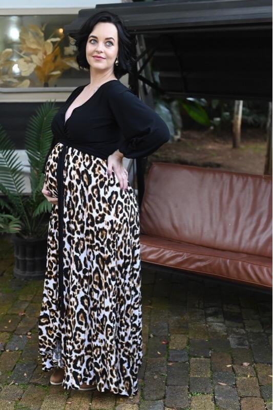 Black Bon Bon maternity and nursing dress with leopard viscose skirt and three quarter sleeves