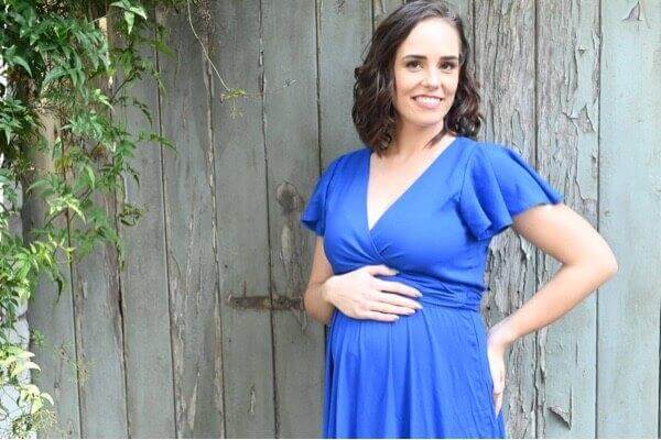 Royal blue infinity maternity dress with frilly sleeves, nursing friendly and postpartum ready