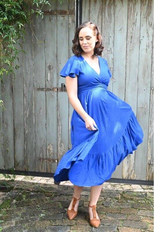 Royal blue infinity maternity dress with frilly sleeves, nursing friendly and postpartum ready