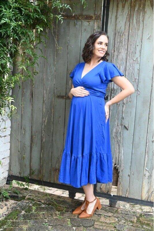 Royal blue infinity maternity dress with frilly sleeves, nursing friendly and postpartum ready