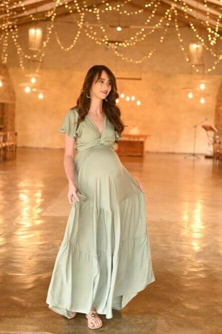 Sage infinity maternity and nursing dress with frilly sleeves, styled in multiple ways