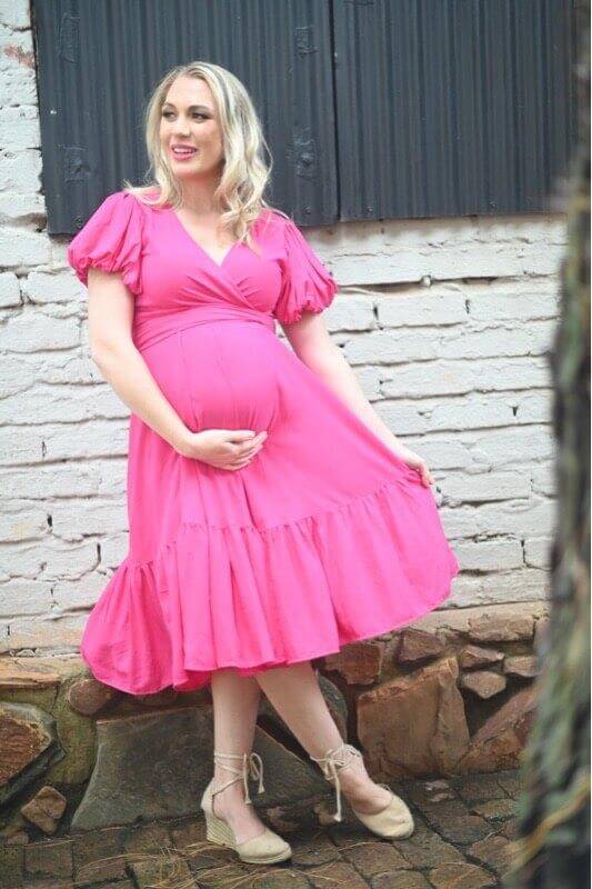 Cerise pink infinity maternity dress with frilly sleeves, nursing friendly and postpartum ready