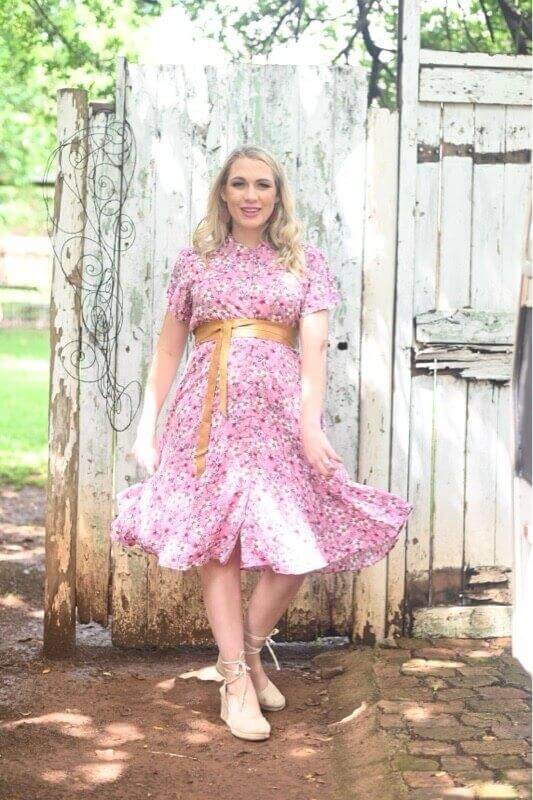 Pink floral viscose maternity dress with tulip sleeves and button up front, nursing friendly and postpartum ready