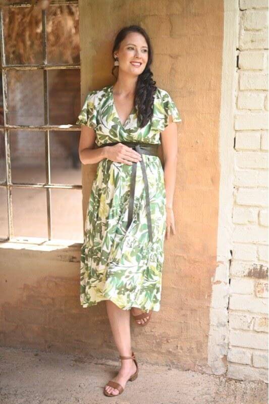 White and green leaf maternity and nursing dress with layered ruffle skirt and frilly sleeves