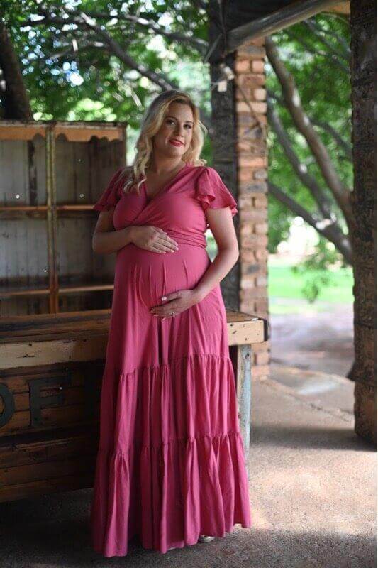 Rose pink infinity maternity dress with frilly sleeves, nursing friendly and postpartum ready