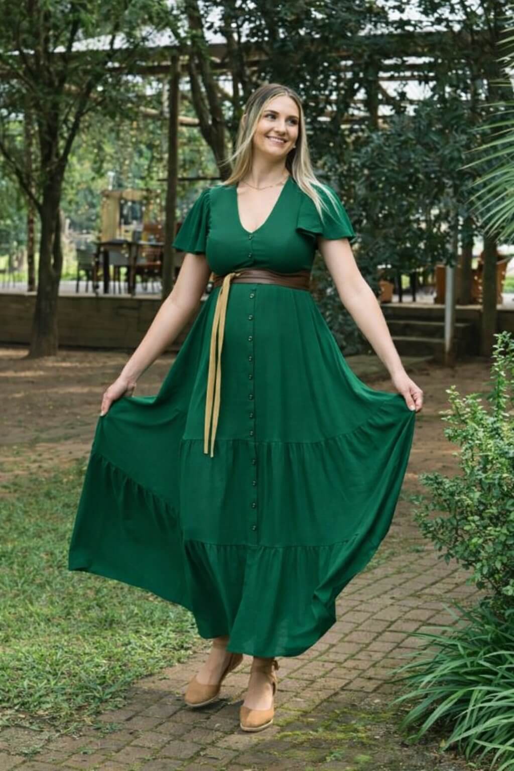 Forest green button-up maternity and nursing dress with layered ruffle skirt and frilly sleeves