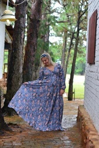 Vintage blue floral maternity and nursing dress with foldover bodice and long sleeves
