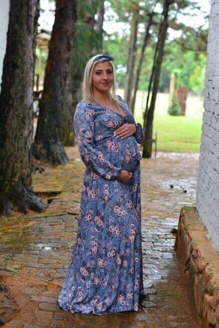 Vintage blue floral maternity and nursing dress with foldover bodice and long sleeves