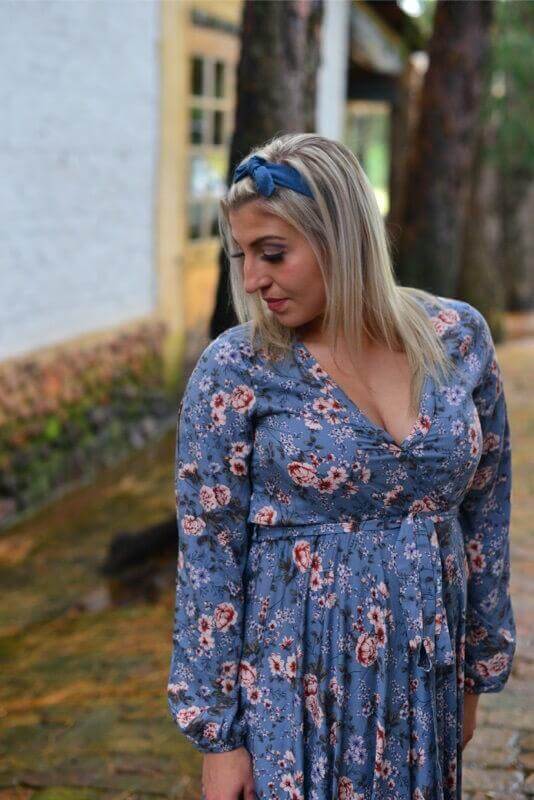 Vintage blue floral maternity and nursing dress with foldover bodice and long sleeves
