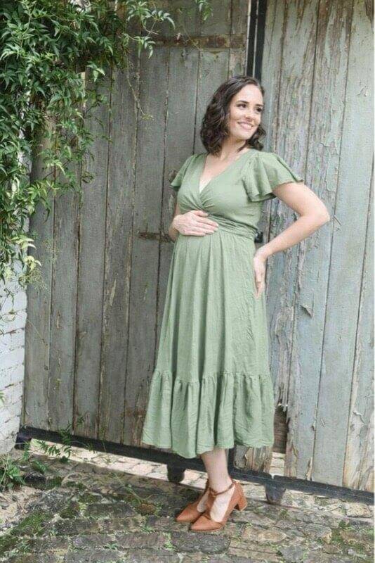 Sage infinity maternity dress with frilly sleeves, nursing friendly and postpartum ready