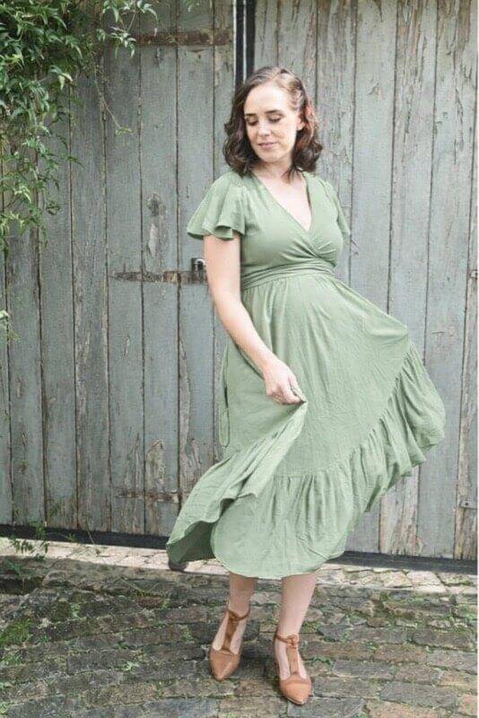 Sage infinity maternity dress with frilly sleeves, nursing friendly and postpartum ready