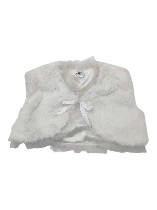 Beige faux fur satin-lined bolero with tulle detailing and front tie bow