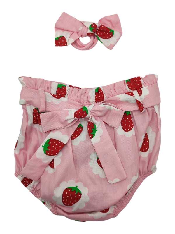 Pink strawberry diaper cover with matching headband for babies