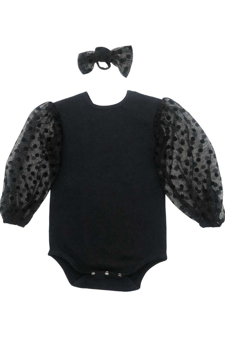 Black cotton lycra baby vest with sheer polka dot sleeves and matching headband