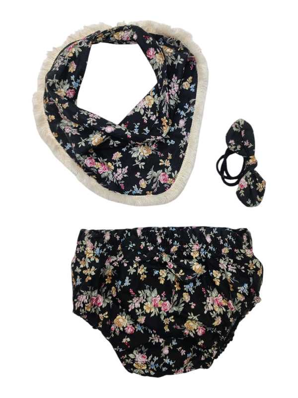 Vintage black floral diaper cover with matching bib and headband