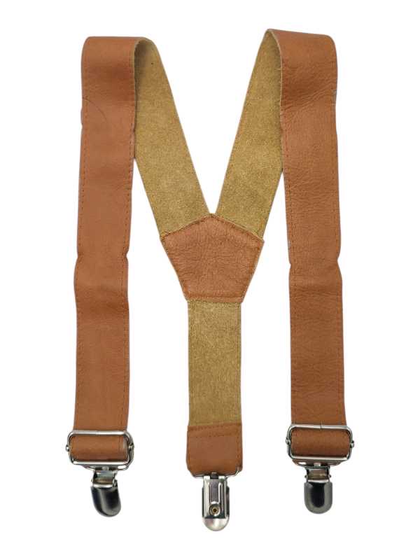 Tan brown suspenders for boys with adjustable straps and metal clips