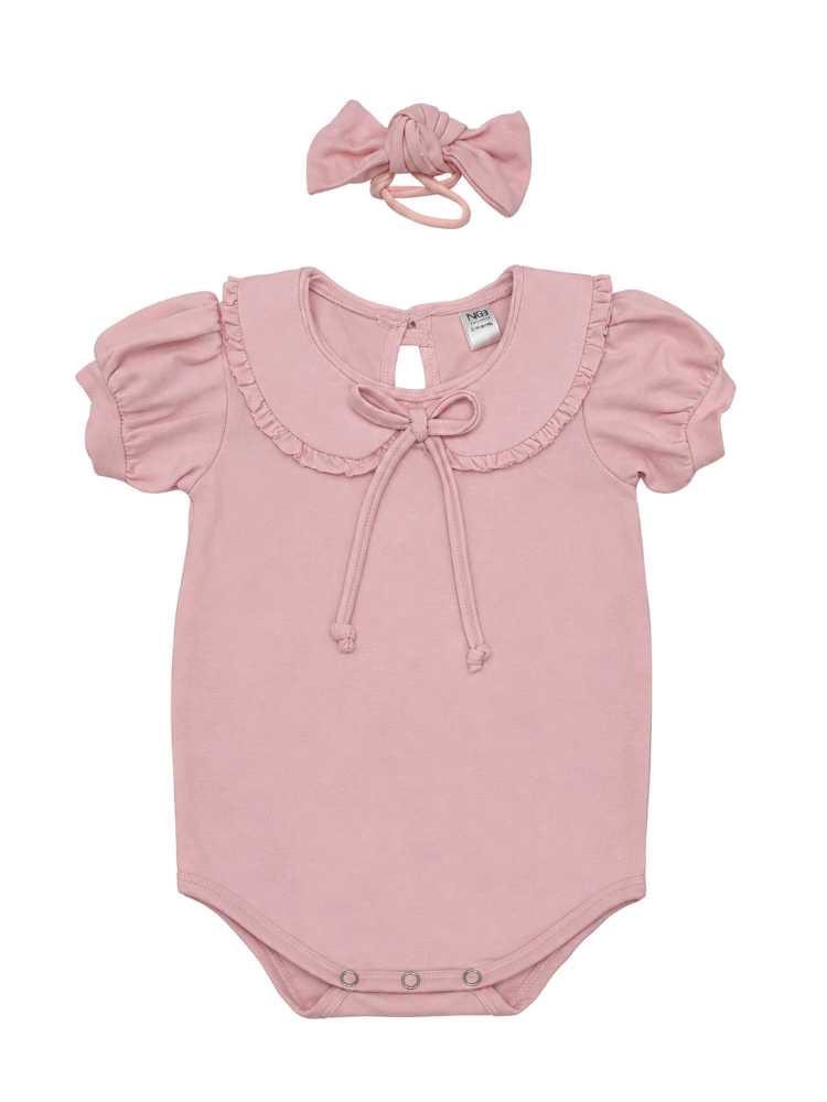 Baby pink cotton lycra vest with Peter Pan collar, bow detail, and matching headband