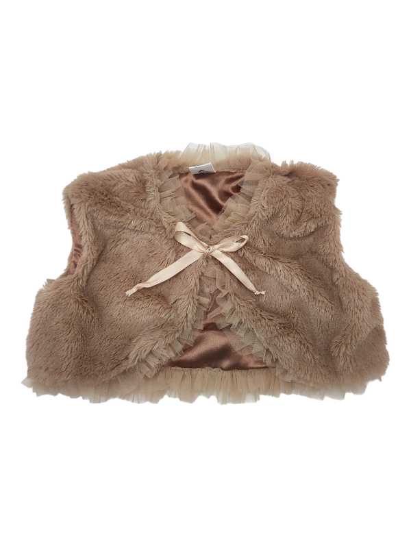 Beige faux fur satin-lined bolero with tulle detailing and front tie bow