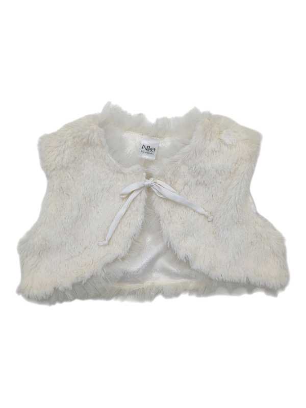 Cream faux fur satin-lined bolero with tulle detailing and front tie bow