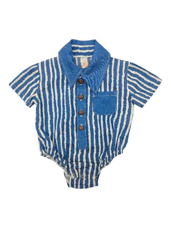 Denim and white striped shirt romper for baby boys made from soft cotton fabric