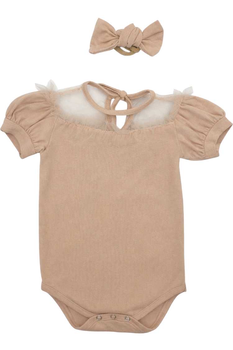 Beige baby vest with tulle frill neckline and matching headband