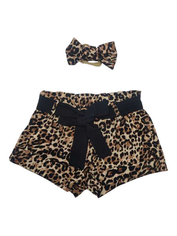 Leopard print paperbag shorts with black belt and matching headband set