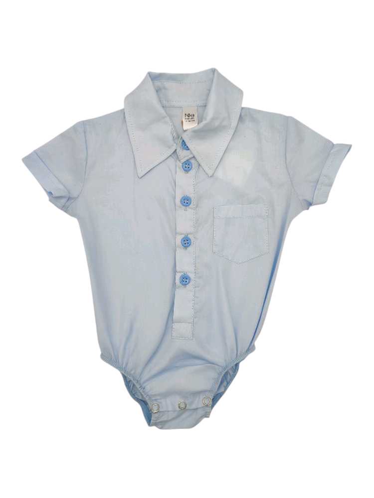 Baby blue cotton romper shirt for baby boys with collar and press studs