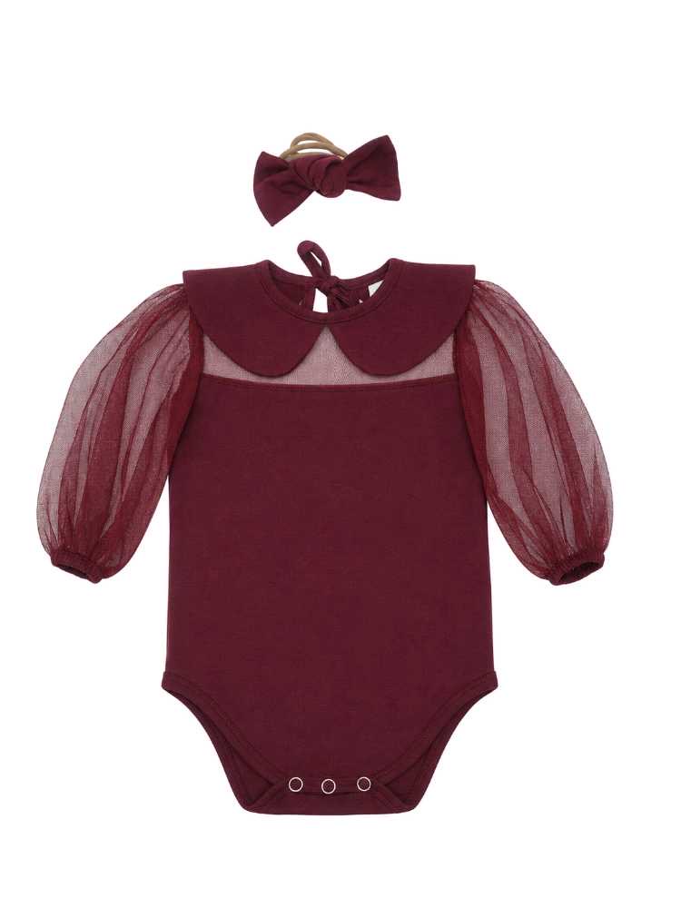 Maroon baby vest with sheer yoke, mesh sleeves, Peter Pan collar and matching headband