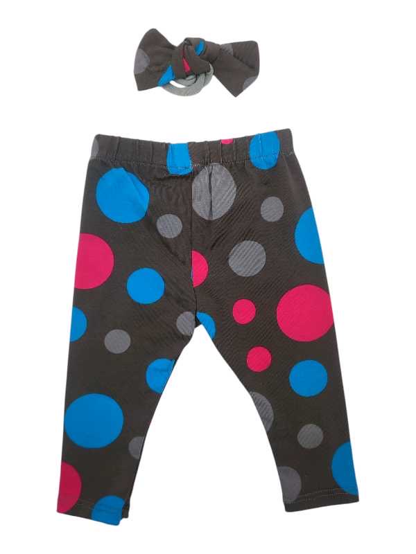 Polka dot print leggings with colourful blue, pink and grey dots and matching headband