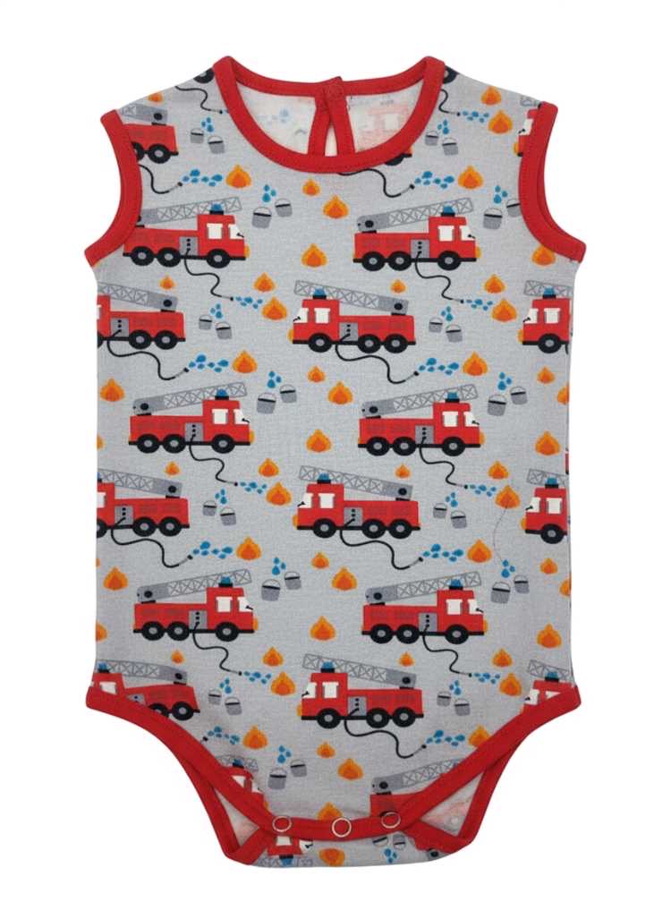 Grey fire truck cotton Lycra vest romper for baby boys