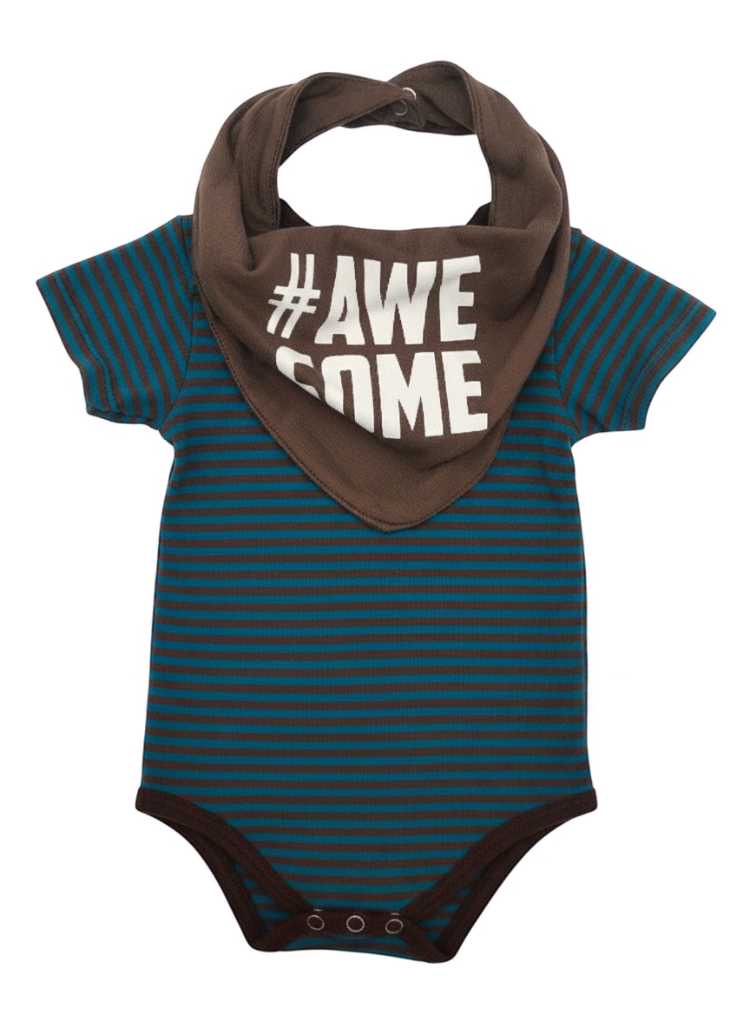 Brown and teal striped vest romper with matching bandana bib for baby boys