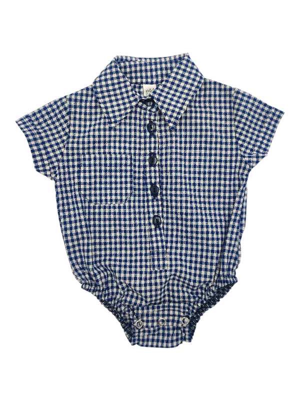 Navy and white plaid boys romper shirt with collared design