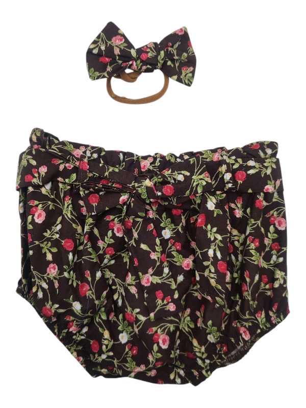 Brown and red floral diaper cover with matching floral bow headband for baby girls