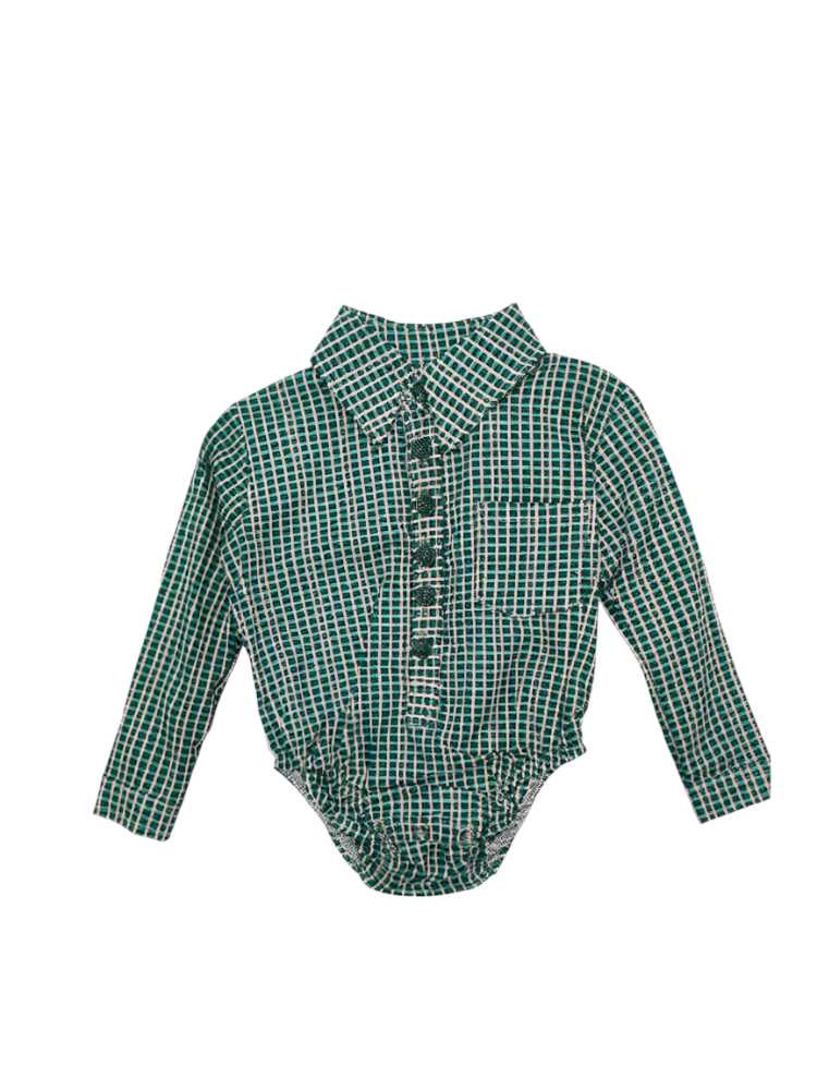 Green plaid cotton romper shirt for baby boys with long sleeves and collar